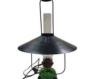 Antique Oil Lamp Hanging Country Store Green Glass Architectural Ceiling
