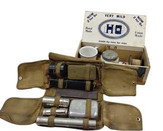 WWI Gillette Kahki Military Barber Shaving Kit Genco Razor Rawleighs Jar Brush Bantron Tablets