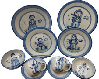 Hadley Pottery Country Scene 2 5pc Sets Farmer Wife Girl Cups Plates Bowls