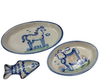 Hadley Pottery Country Scene Platters Fish Spoon Rest 