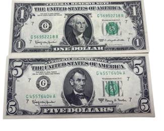 2 Very Crisp Bills 1963 $5 Fowler + $1 Dillon One Dollar Bill Currency Ungraded