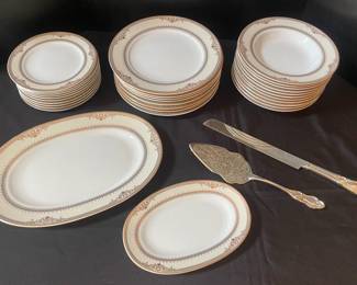 White Gold Iris China Set, Metal Serving Utensils