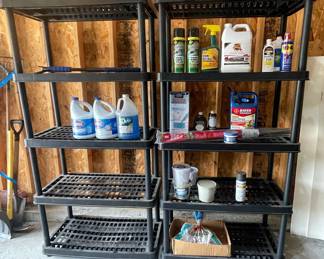 Two Shelving Units Various Household Chemicals