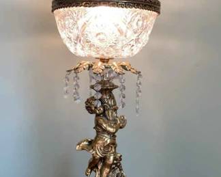 Vintage Hollywood Regency Brass Cherub Crystal Table Lamp