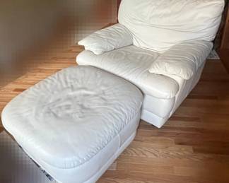 White Cushioned Chair With Matching Ottoman On Wheels