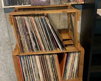 LP Vinyl Album Collection of Various Genres of Music in Wooden Crates