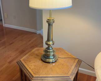 Hexagon Side table And Brass Colored Lamp