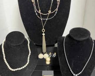 Black Pearl, White Pearl, Ann Taylor Muti Layered Necklace, Oval Orange Gemstone 