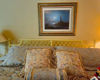King bed with beautiful bedding and mattress