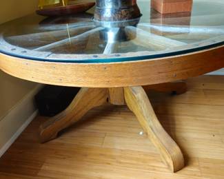 Wagon wheel coffee table with glass top