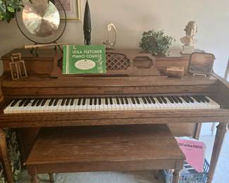 Grinnell Bros. Upright Piano with Stool; Piano Music; Tabletop Gong with hammer; Yard Long Wall Print