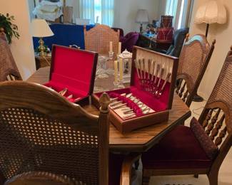 Community Silverplate Flatware in Wood Case; Dining Table with 6 Chairs