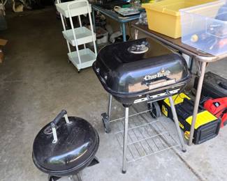 Small Charcoal Grill; Char-Broil Grill; White 3-Shelf Cart on Wheels and more