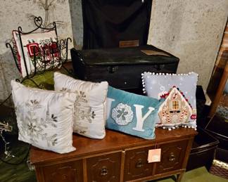 Luggage; Magazine Rack and Decorative Holiday Pillows