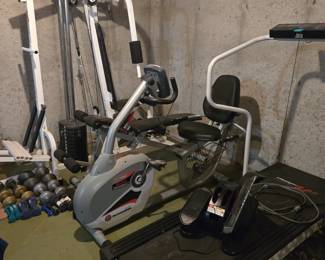 Vitamax Weight Lifting Machine; Treadmill; Schwinn Electric Exercise Bike; Hand Weights