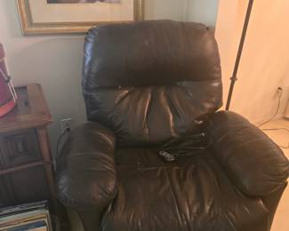 Brown Leather Lift Chair; Framed Wall Print