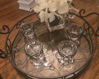 Glass & Wrought Iron Tray with Four Glass & metal Candle Holders