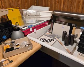 Large Collection of Dark Room Supplies including camera lenses
