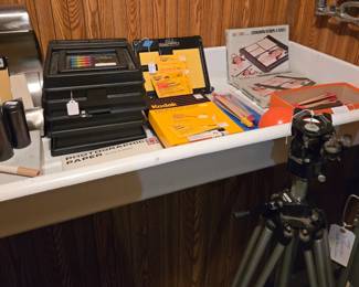 Large Collection of Dark Room Supplies; Photographic Papers and Camera Stands