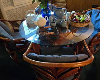 Round Glass Topped Rattan Table with 4 Matching Chairs; Tea Pots; Fiesta Ware and much more