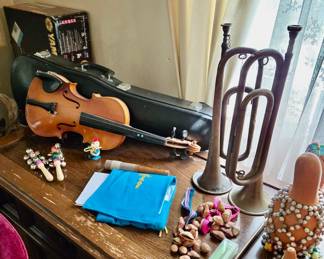 Musical Instruments:  Yamaha Electric Keyboard with Stand; Violin with Case; Jingle Hand Bells; Two Bugles; Harmonica in Case; Maracas; Gourd Percussion shakers
