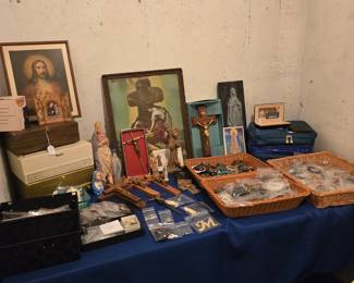 Collection of Religious Items, Figurines; Wall Prints; Crucifexes; Rosaries; Jewelry Storage Cases and more