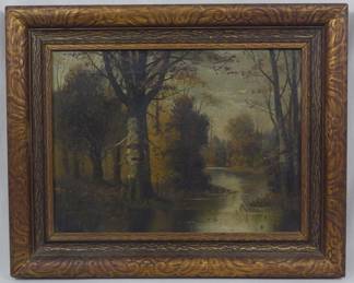 647 - Antique Oil on Canvas River Scene 13x16