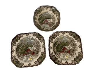 1127 - 3 Johnson Bros Covered Bridge Plates 8 x 8, 6 x 6