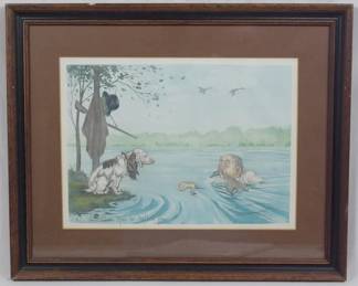 658 - Boris O'Klein Signed Hunter w/ Hunting Dog 14x17 Colored Etching