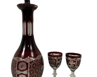 1108 - Bohemian Red Cut To Clear Decanter Set 14" decanter w/ 2 4.5" stems chip on top edge