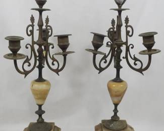 651 - Antique Pair Marble & Metal Candelabra 19"