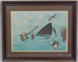 659 - Boris O'Klein Signed Sunken Hunter & Dog 14x17 Colored etching