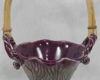 606 - Pottery Basket Vase w/ Wooden Handle