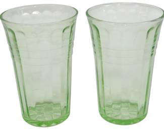 753 - 2 Uranium Green Depression Tumblers 4"