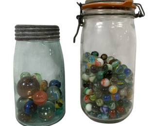 1103 - 2 Vintage Jars w/ Vintage Marbles 7 & 9"