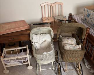 Doll buggies, and doll table with chairs