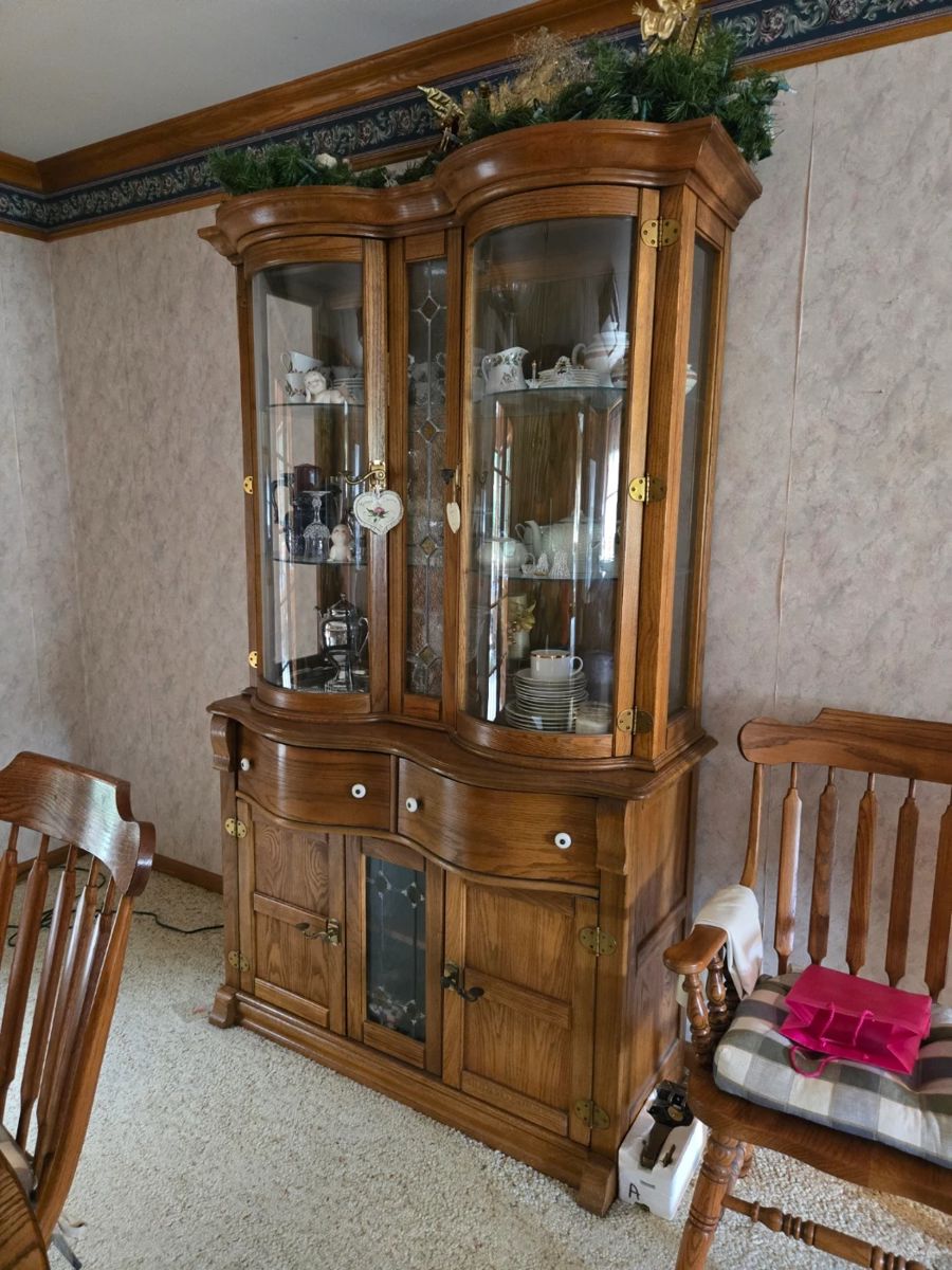 Curved Front Glass Oak China Cabinet with Leaded Panels