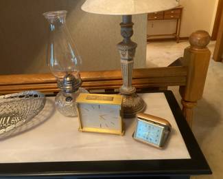 Oil Lamp; Clocks; Table Lamp and Metal Basket