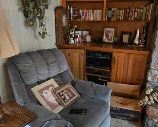 Blue Velour Recliner; Books; Mantle Clock and Stereo Equipment to Choose From
