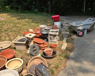LOADS of Pots, Planters & Stands; Wheel Barrow; Spreader