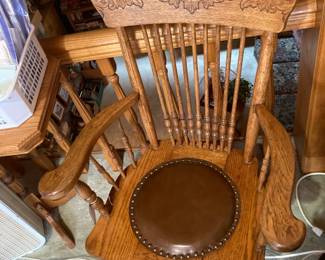 Wonderful Vintage Oak Carved and Pressed Back Northwind motif Arm Chair with Leather Seat 
