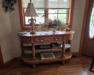 Oak Consol Table with Drawer; Photo/Picture Frames; Table Lamp; Silk Floral Display; Table Runner