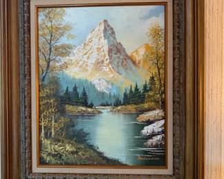 Framed Landscape Oil on Canvas by Anderson (painted in the style of Bob Ross, c. 1990s)