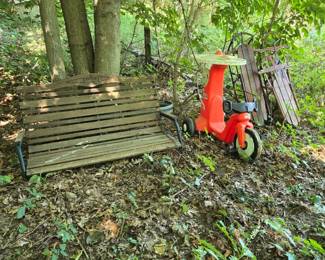 Wood Porch Swing; Kid's Toy Jet Copter/3 Wheeler; Vintage Wood Sleds