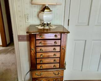 Oak Jewelry Armoire; Table Lamp