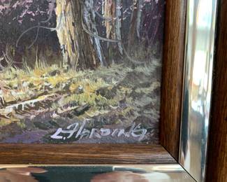 Framed Vintage Landscape by L. Harding on Canvas (in the style of Bob Ross, c. 1990s)