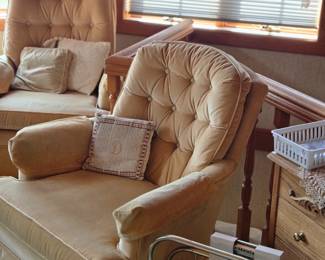 Two pretty light yellow velour casual chairs by Fairfield; Magazine Rack.