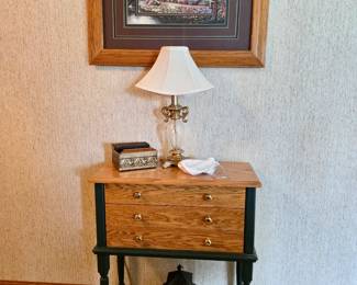 Framec Wall Print; Table Lamp and 3 Drawer Oak Cabinet