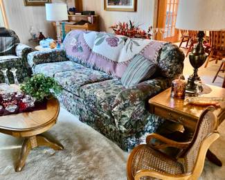 Child's Wicker Rocker; Floral Upholstered Sofa; Oak Coffee Table; Oak Side Tables; Wall Decor and much more