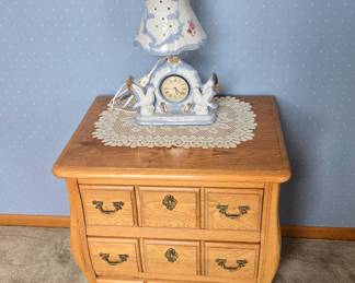 Oak 3 Drawer Cabinet; Figural Seagull Lamp; Doily